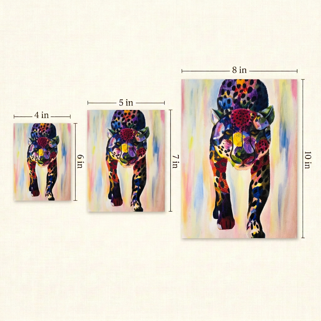 Floral Cheetah Print size guide showing the colourful floral cheetah artwork in 4 × 6, 5 × 7 and 8 × 10 inch portrait sizes, with dimension labels.