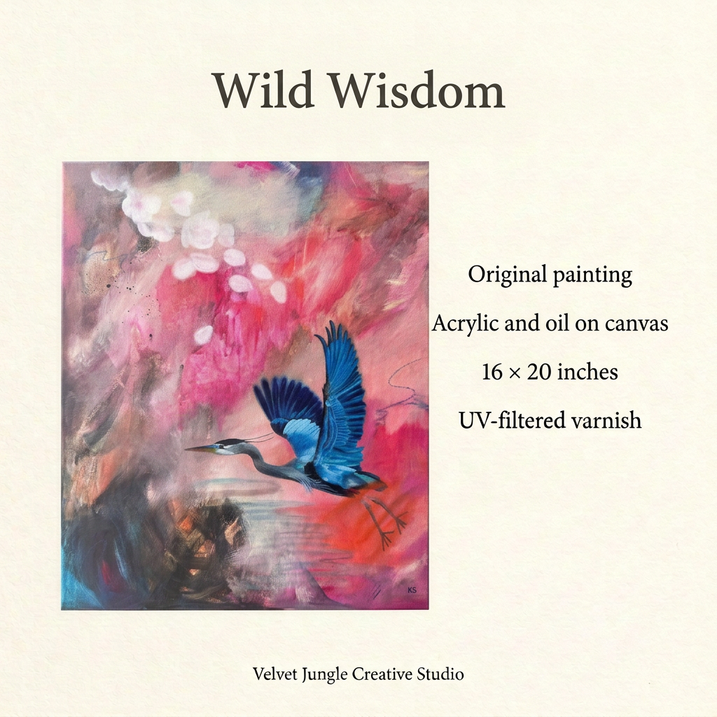 Wild Wisdom artwork details: original acrylic and oil painting on canvas, 16 × 20 inches, finished with UV-filtered varnish, by Velvet Jungle Creative Studio.