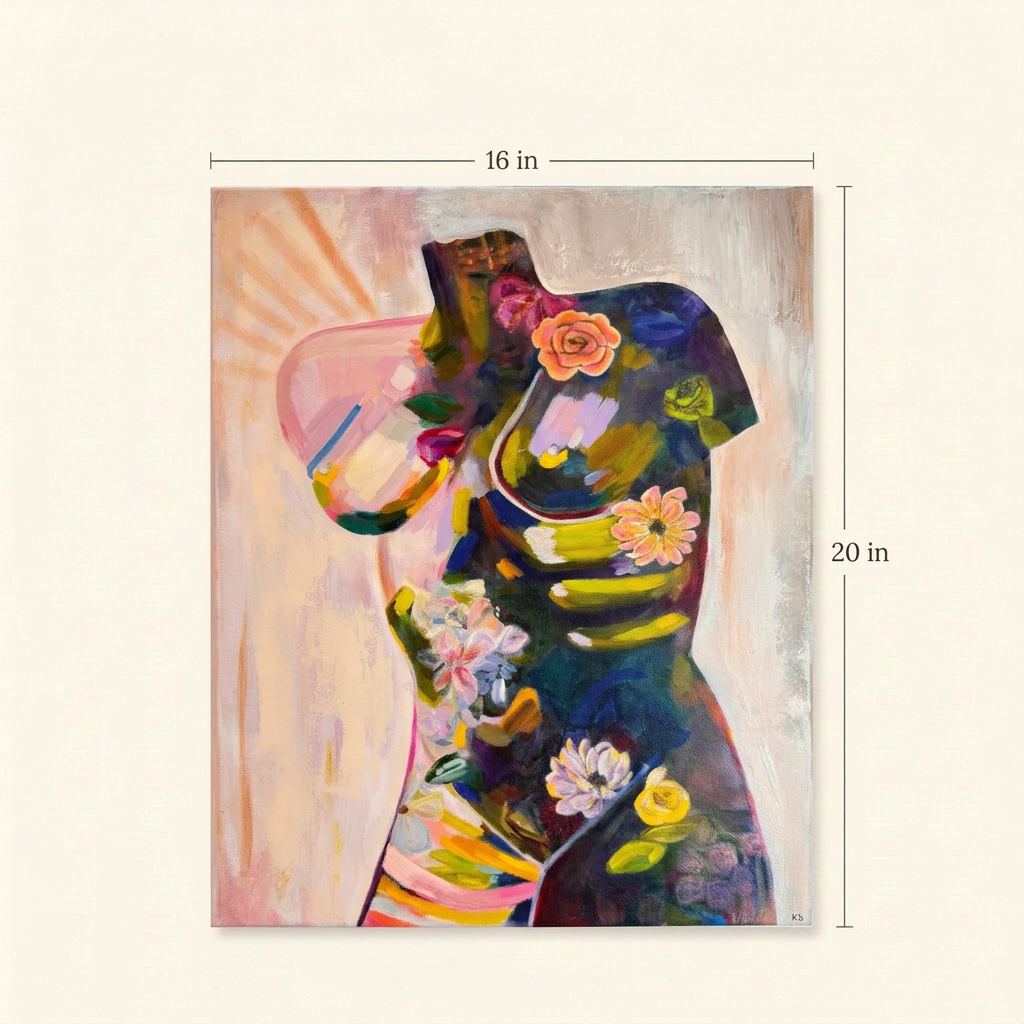 Torso Volume 1 size guide showing the complete colourful floral torso painting, 16 inches wide by 20 inches high.