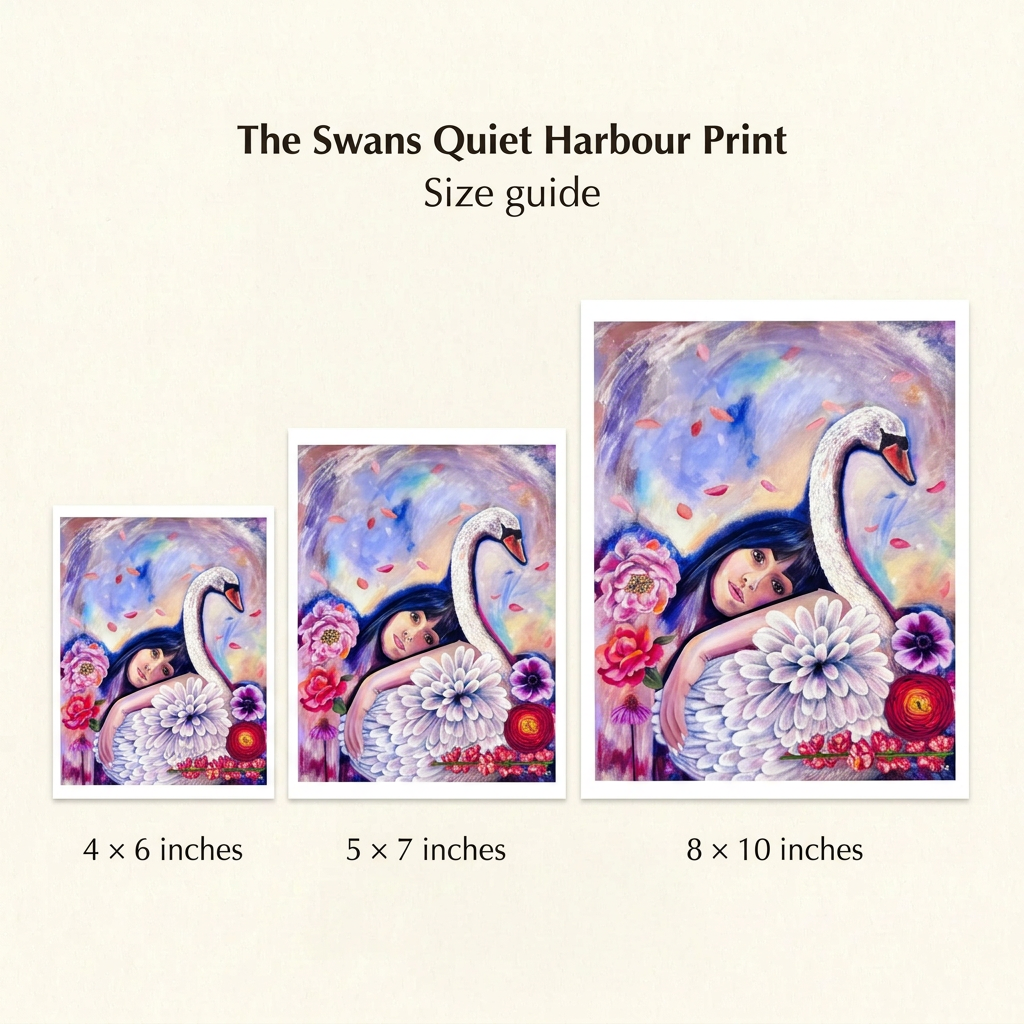 The Swans Quiet Harbour Print size guide comparing 4 × 6, 5 × 7 and 8 × 10 inch options on warm ivory.