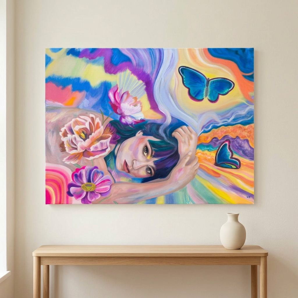 Euphoric Reverie canvas displayed on a warm ivory wall above a light oak console with a single ivory vase.