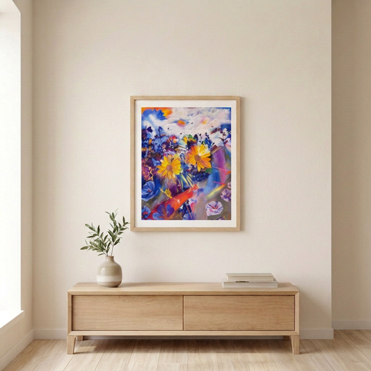 Twin Flowers Print with two yellow daisies and colourful blue and purple florals in a light wood frame above an oak console, with green leafy branches in a beige vase and stacked books.