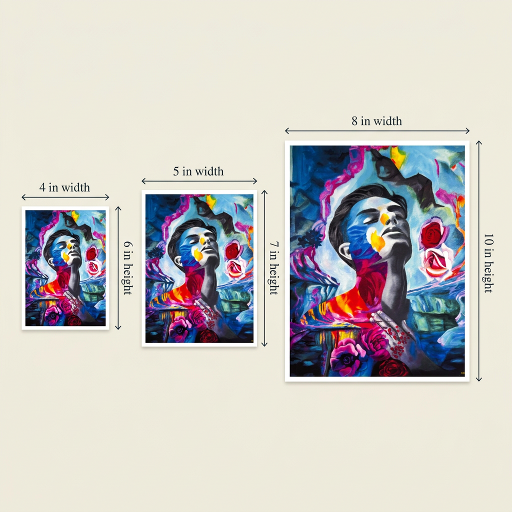 Tourmaline Dream Print size guide comparing 4 × 6, 5 × 7 and 8 × 10 inch portrait prints with width and height labels.