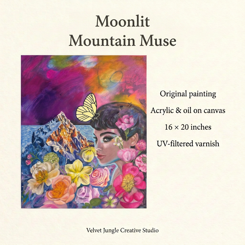 Moonlit Mountain Muse full artwork with details: acrylic and oil on canvas, 16 × 20 inches, UV-filtered varnish.