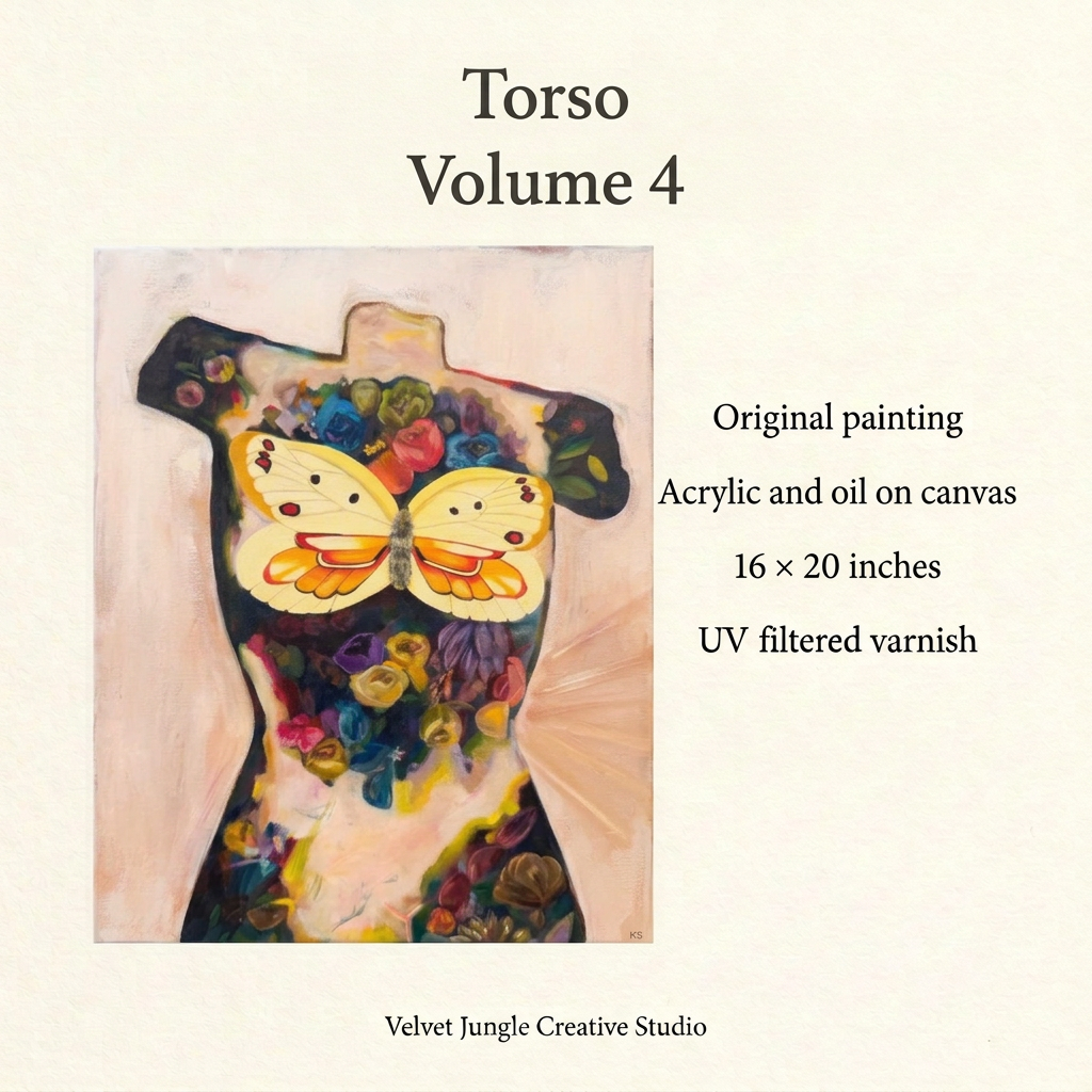 Torso Volume 4 details card showing the full painting: original acrylic and oil on canvas, 16 by 20 inches, with UV filtered varnish.