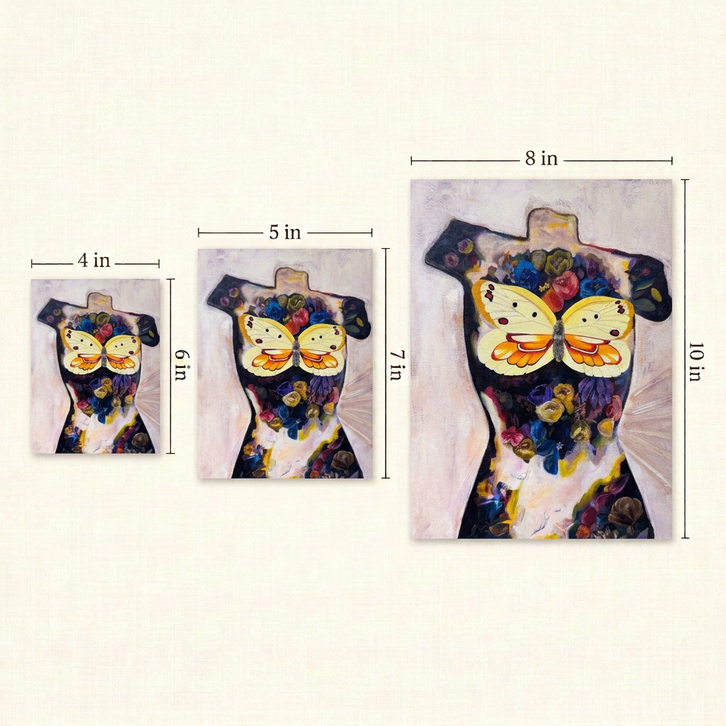 Torso Volume 4 Print size comparison showing the butterfly and floral torso artwork in 4 × 6, 5 × 7 and 8 × 10 inch portrait sizes.