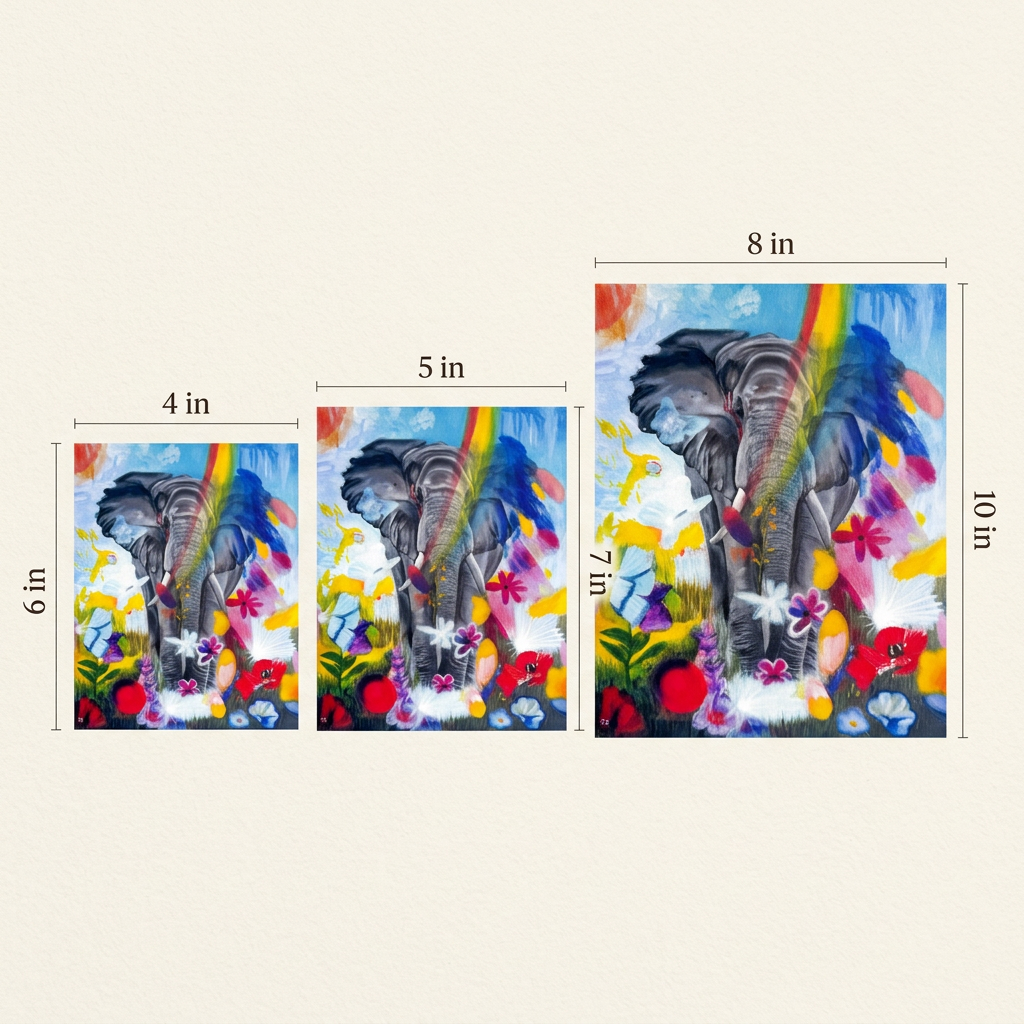 Elephant Rave Print size guide showing the colourful elephant artwork in portrait sizes 4 × 6, 5 × 7, and 8 × 10 inches.