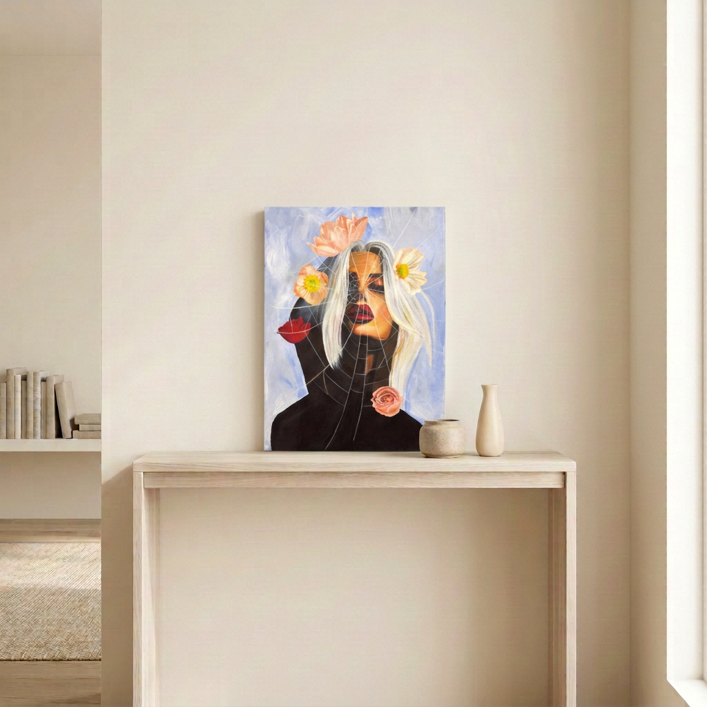 Black Widow original painting displayed unframed on a pale wood console in a neutral room, depicting a white-haired woman with flowers and a delicate spiderweb.