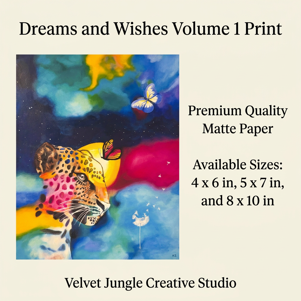 Dreams and Wishes Volume 1 Print details card with the full leopard, butterflies and dandelion artwork, premium matte paper, and sizes 4 × 6, 5 × 7 and 8 × 10 inches.