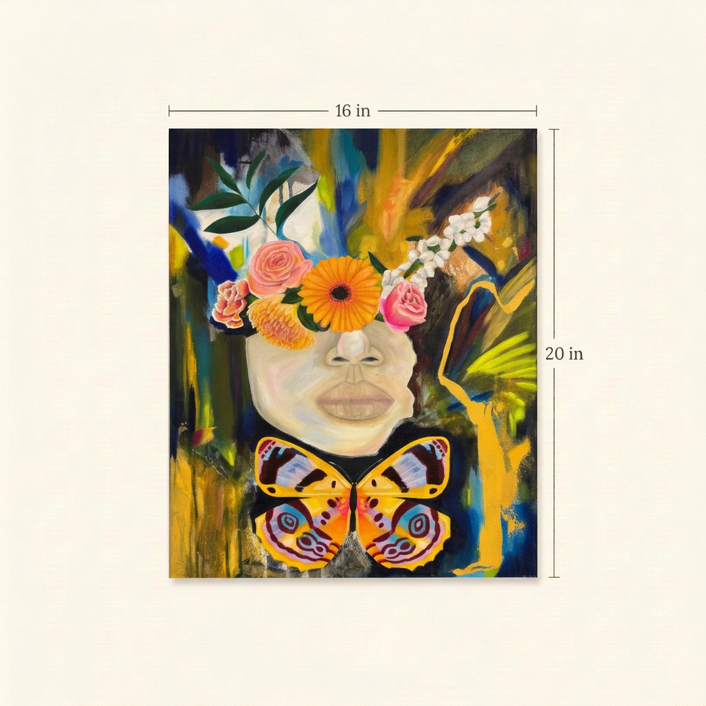 Still and Maximal size guide showing the complete floral portrait and butterfly painting with dimensions of 16 inches wide by 20 inches high.
