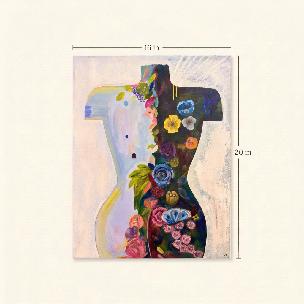 Torso Volume 2 size guide showing the complete floral torso painting with dimensions of 16 inches wide by 20 inches high.