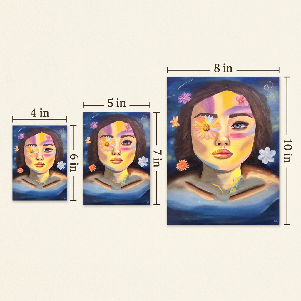 Aqua Oasis Print size guide showing the floral portrait in 4 × 6, 5 × 7 and 8 × 10 inch sizes.