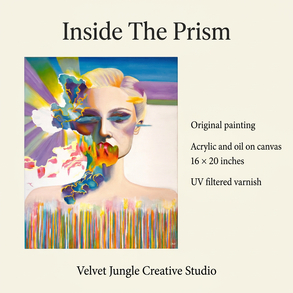 Inside The Prism details card with the full painting beside its specifications: original acrylic and oil on canvas, 16 by 20 inches, with UV filtered varnish.