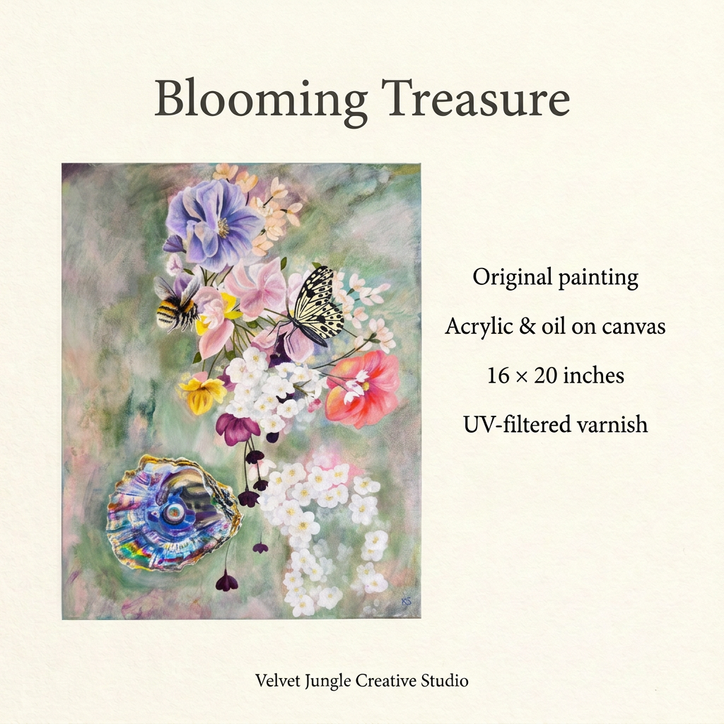 Blooming Treasure details card: original acrylic and oil on canvas, 16 × 20 inches, with UV-filtered varnish.