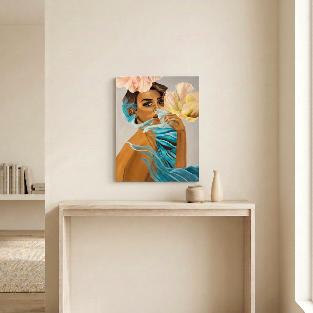 Reverie original painting of a woman in flowing turquoise fabric with pale flowers, displayed unframed above a light wood console in a neutral room.