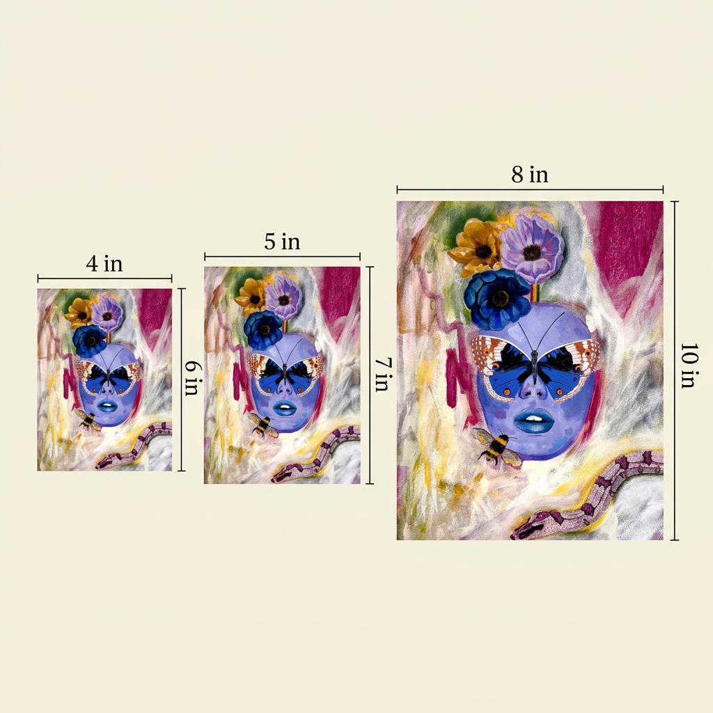 Ethereal Creature Print size guide showing the purple face, blue butterfly, flowers, bee and snake in 4 × 6, 5 × 7 and 8 × 10 inch sizes.