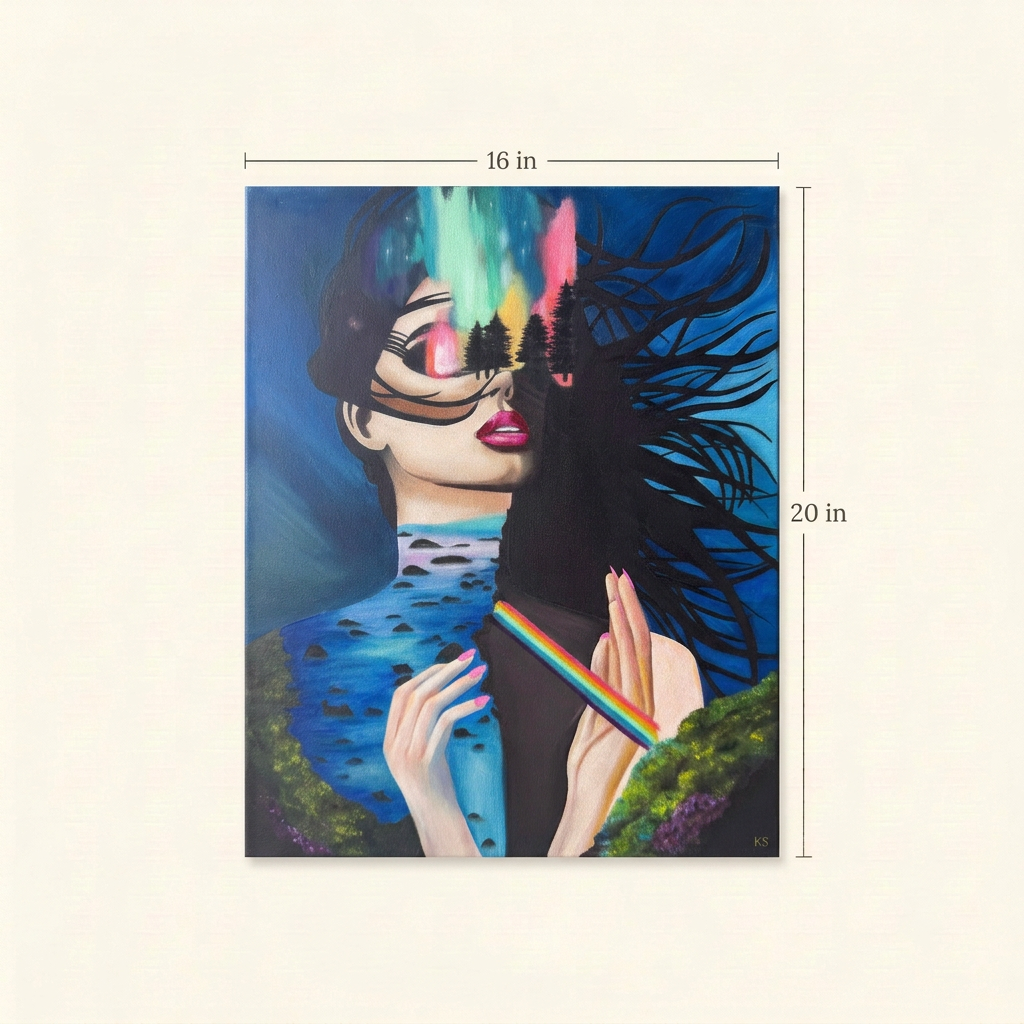 Prism Visions size guide showing the complete portrait painting with dimensions of 16 inches wide by 20 inches high on an ivory background.