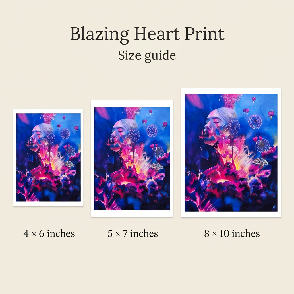 Blazing Heart Print size guide showing 4 × 6, 5 × 7, and 8 × 10 inch options on a warm ivory background.