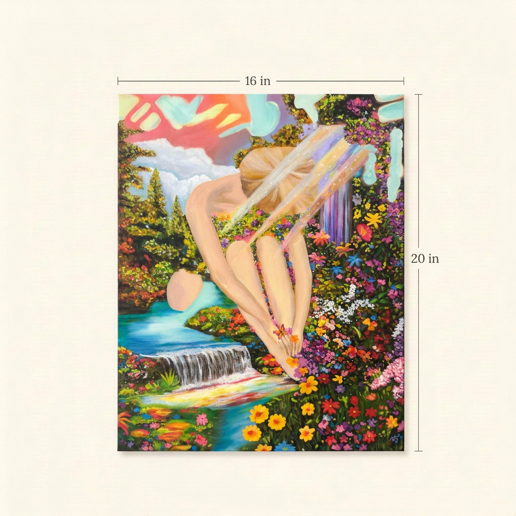 Size guide for Dancing With Light showing the complete floral and waterfall painting, measuring 16 inches wide by 20 inches high.