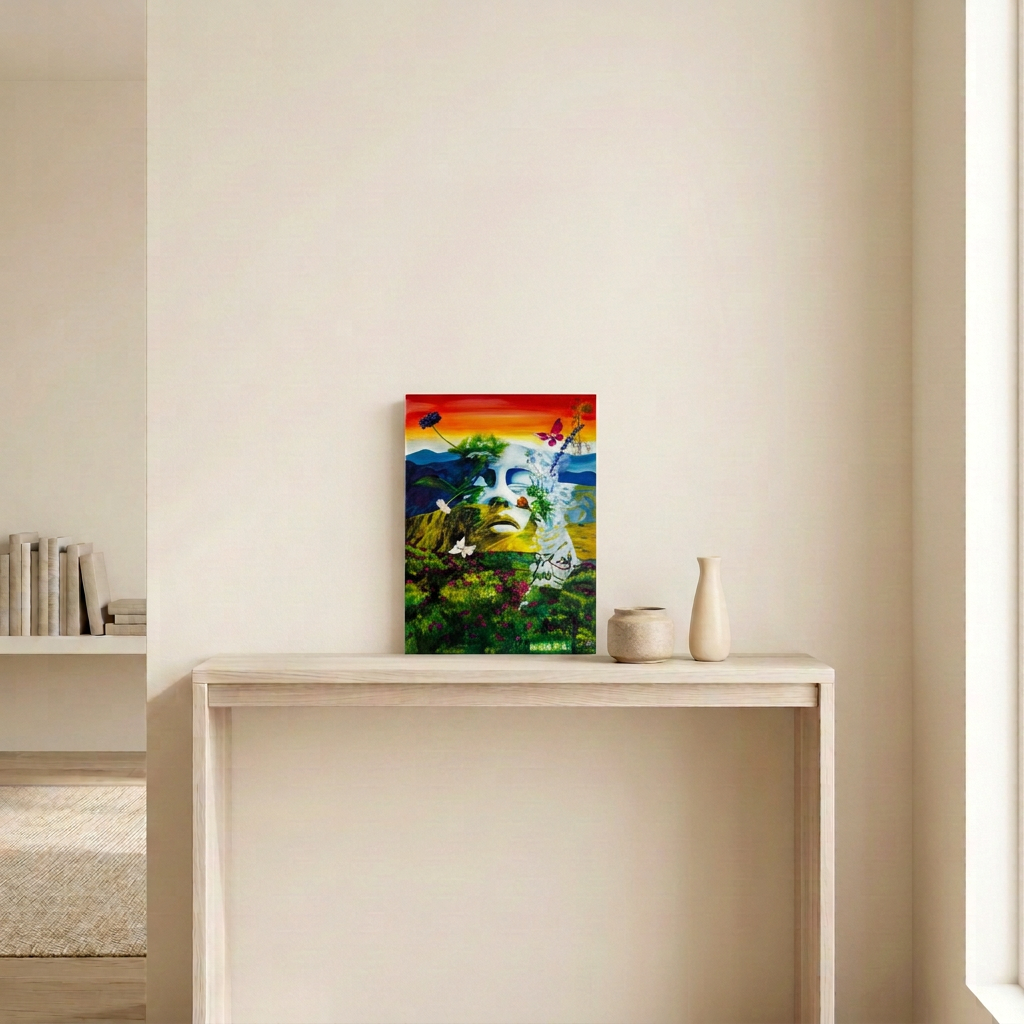Elevate original painting mockup: the 12 x 16 inch acrylic and oil canvas displayed above a pale wood console in a warm neutral room