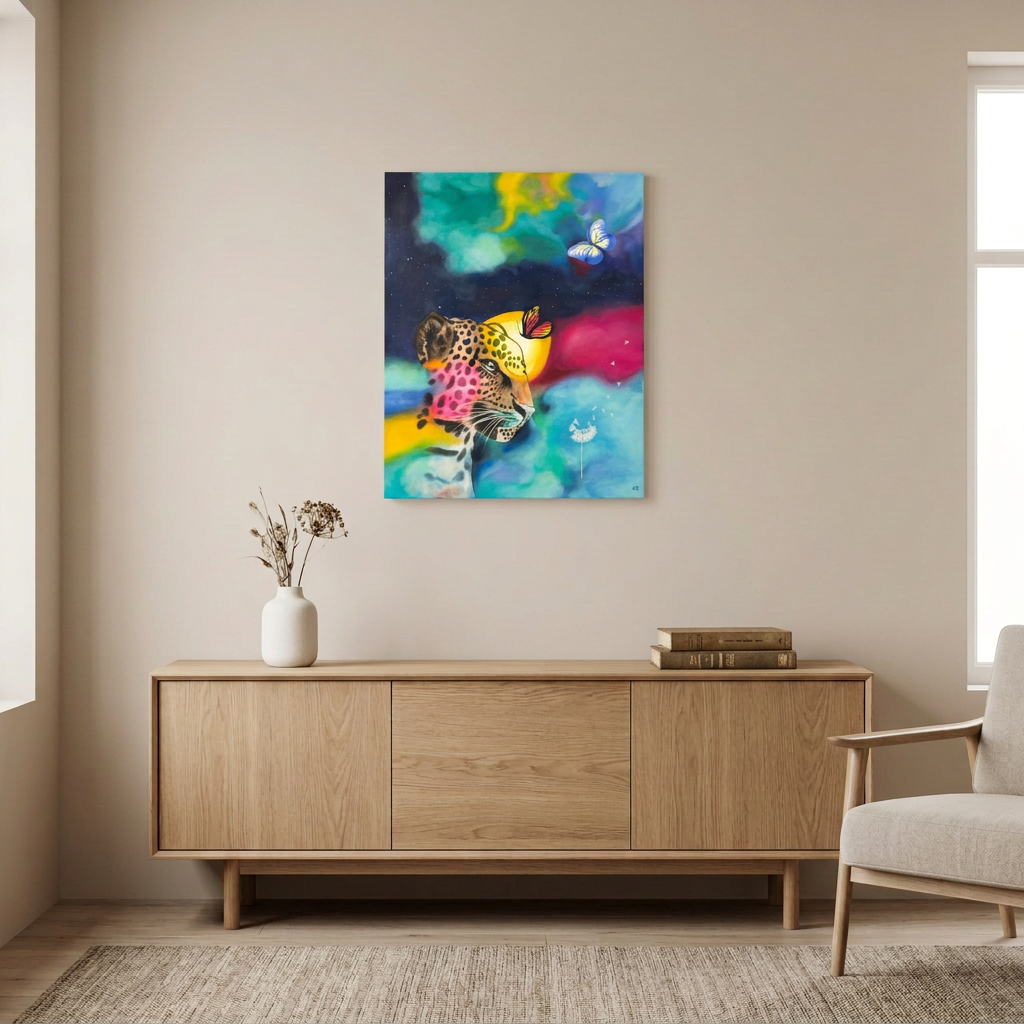 Dreams and Wishes Volume 1, a colourful cheetah painting with butterflies and a dandelion, displayed unframed above a light oak sideboard in a neutral room.