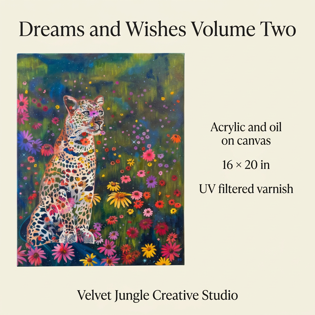 Dreams and Wishes Volume Two details card with the full leopard and floral artwork, acrylic and oil on canvas, 16 × 20 inch dimensions and UV-filtered varnish.