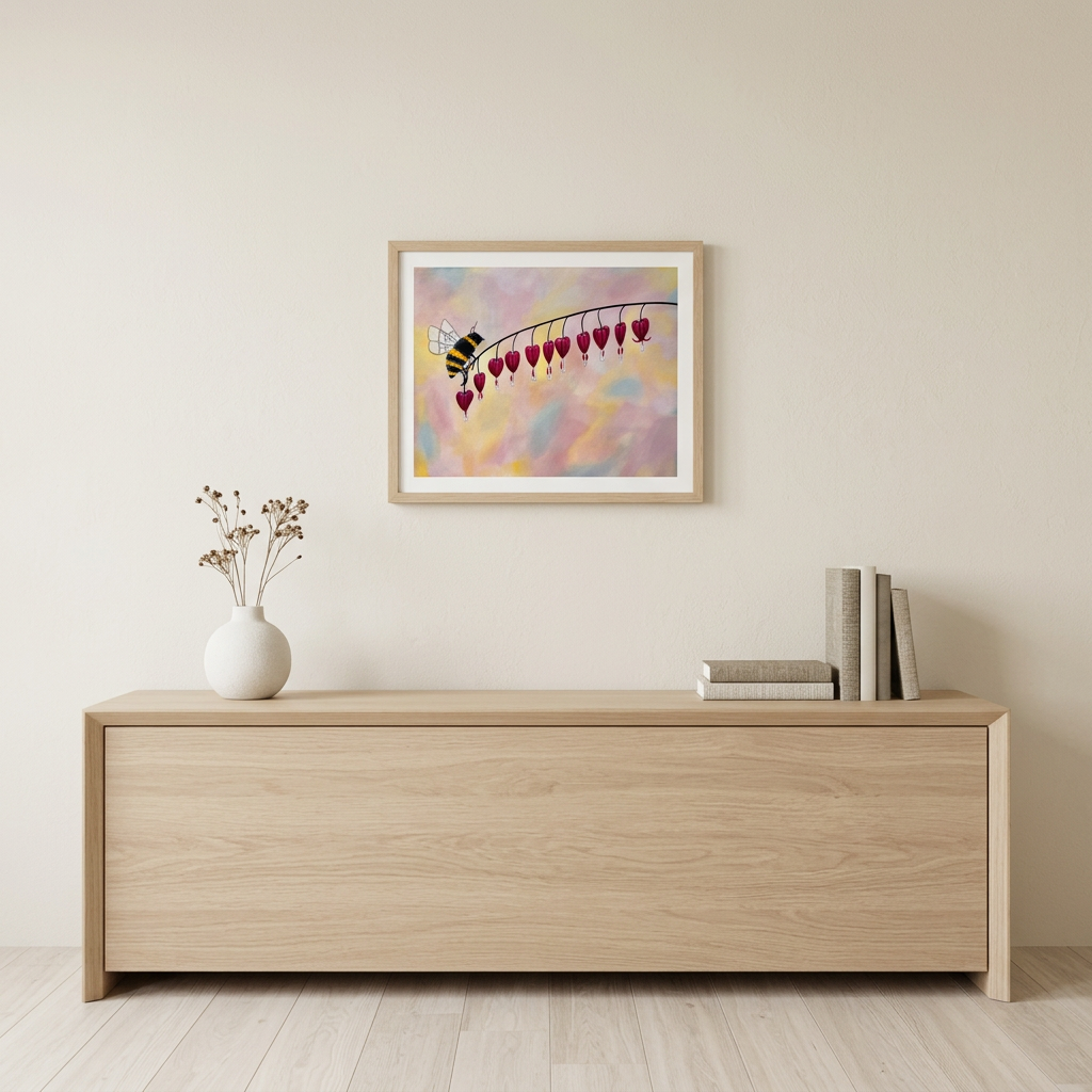 Hearts Nectar Print showing a bee and red heart-shaped flowers on a pastel background, in a light wood frame above an oak console.