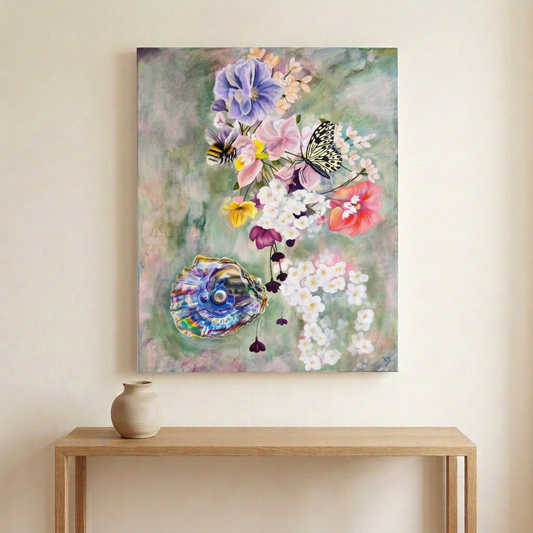 Blooming Treasure floral canvas displayed above a light oak console in a warm ivory room.