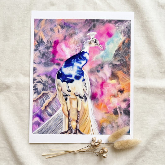 Language of Beauty blue-and-white peacock print on ivory linen with dried botanicals.