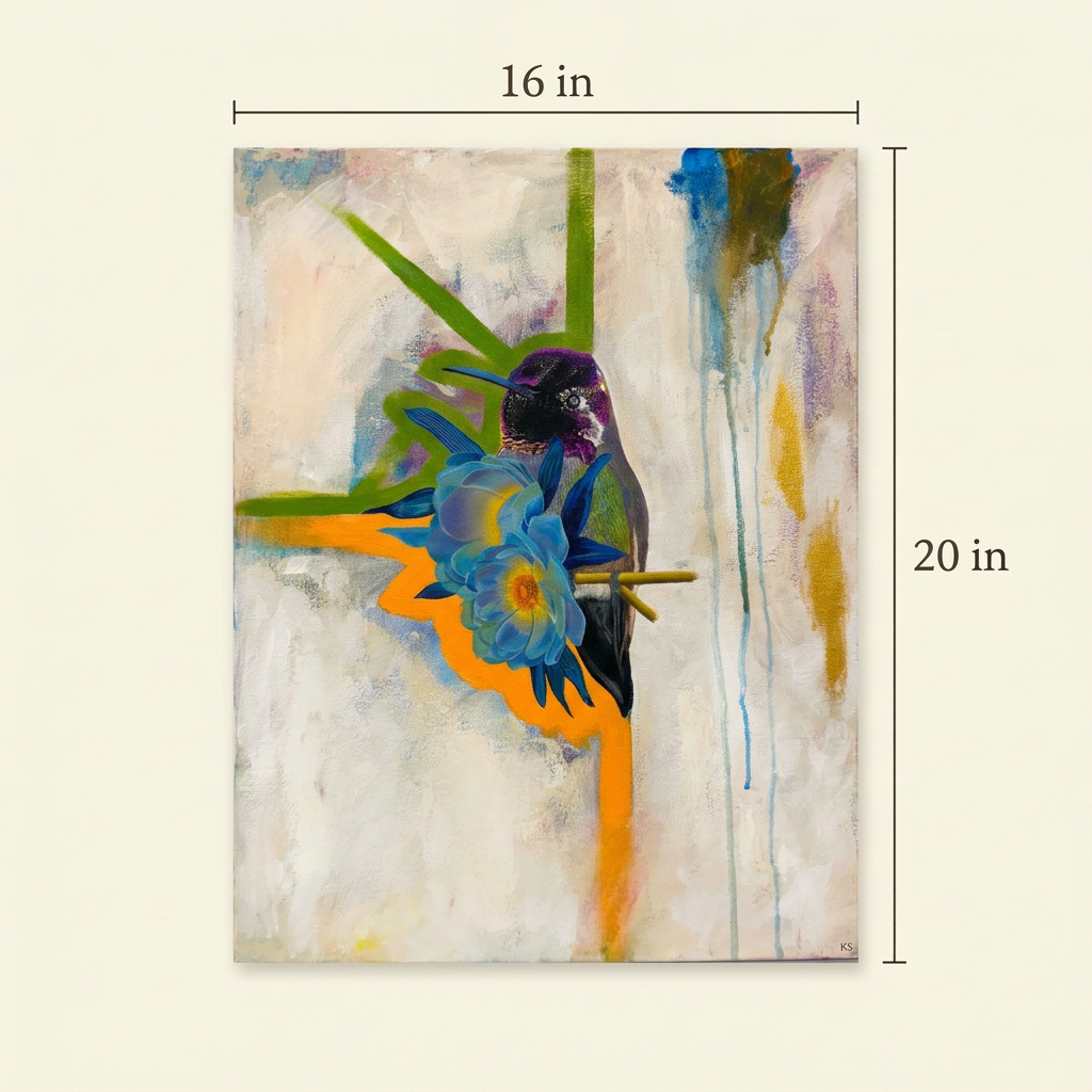 Size guide for Hummingbird Love showing the complete portrait painting with dimensions of 16 inches wide by 20 inches high on an ivory background.