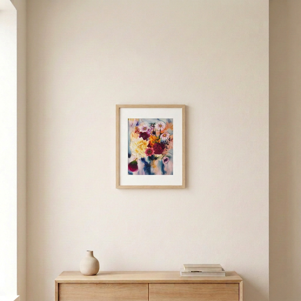 Fragrant Symphony floral print in a slim light wood frame with a white border above a pale wood console in a neutral room.