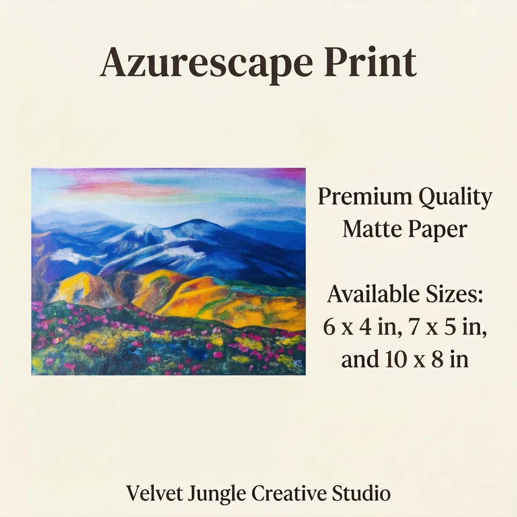 Details card for Azurescape Print showing the full mountain and wildflower artwork with premium quality matte paper and available sizes 6 x 4 in, 7 x 5 in, and 10 x 8 in