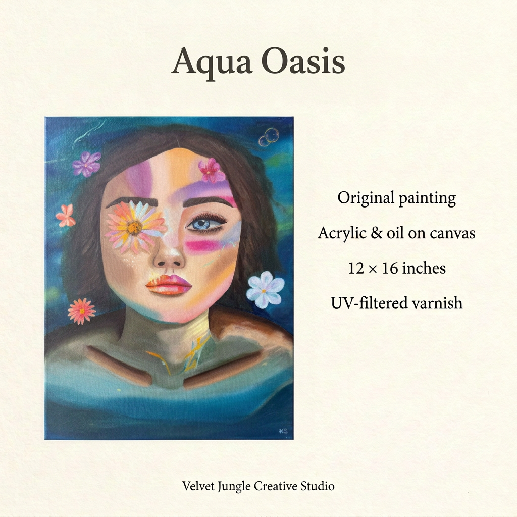 Aqua Oasis details card showing the full painting alongside its specifications: original acrylic and oil on canvas, 12 by 16 inches, with UV-filtered varnish.