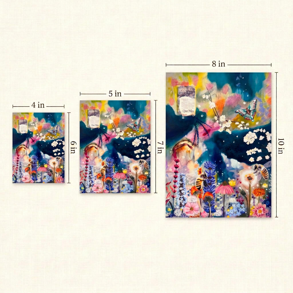 When The Hot Sun Burns Print size guide showing the full floral artwork in three portrait sizes: 4 × 6, 5 × 7 and 8 × 10 inches.