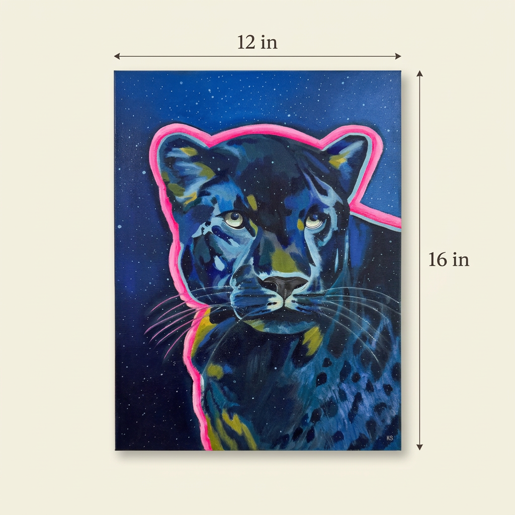 Lucky Panther size guide showing the complete blue panther painting with a pink outline, measuring 12 inches wide by 16 inches high.