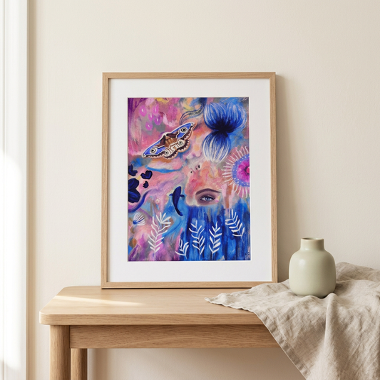 Indigo Reverie Print styled in an oak frame on a console against an ivory wall.