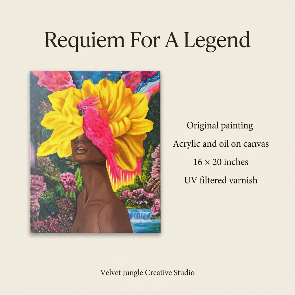 Requiem For A Legend details card listing original painting, acrylic and oil on canvas, 16 x 20 inches, and UV filtered varnish