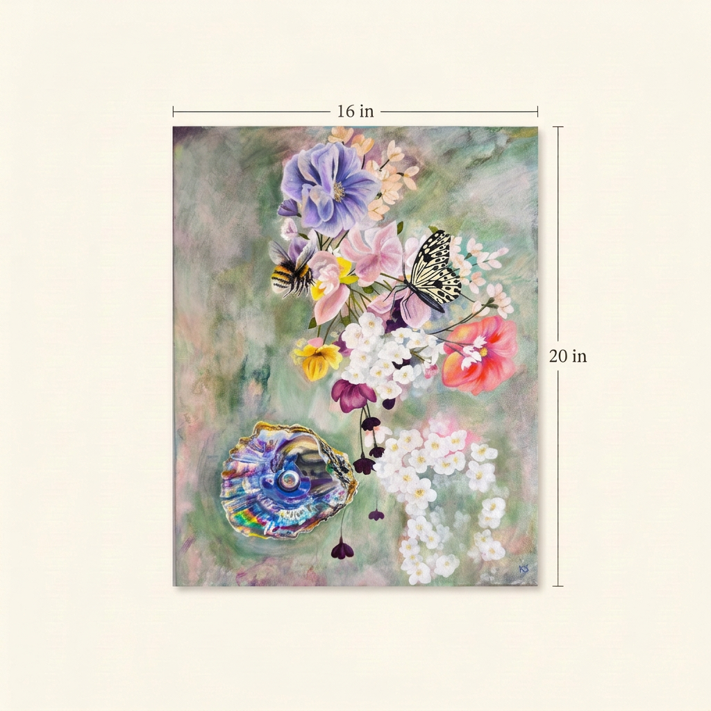 Blooming Treasure canvas size guide with dimension labels showing 16 inches wide by 20 inches high.
