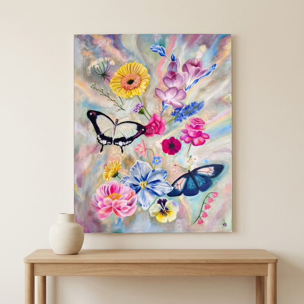 Room mockup of Sunstone, a floral and butterfly painting, above a light oak console with an ivory vase against a warm ivory wall.
