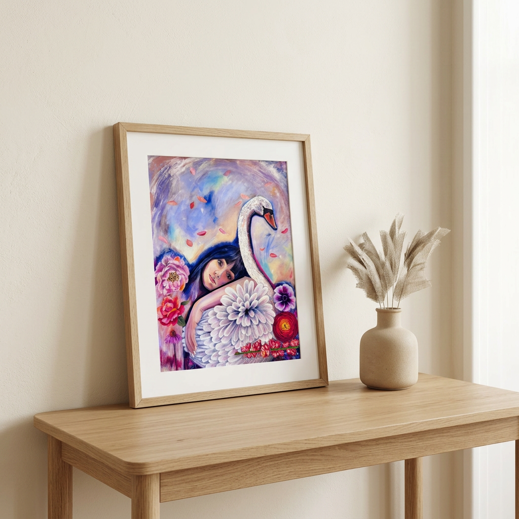 The Swans Quiet Harbour Print styled in an oak frame on a light wood console against an ivory wall with neutral decor.