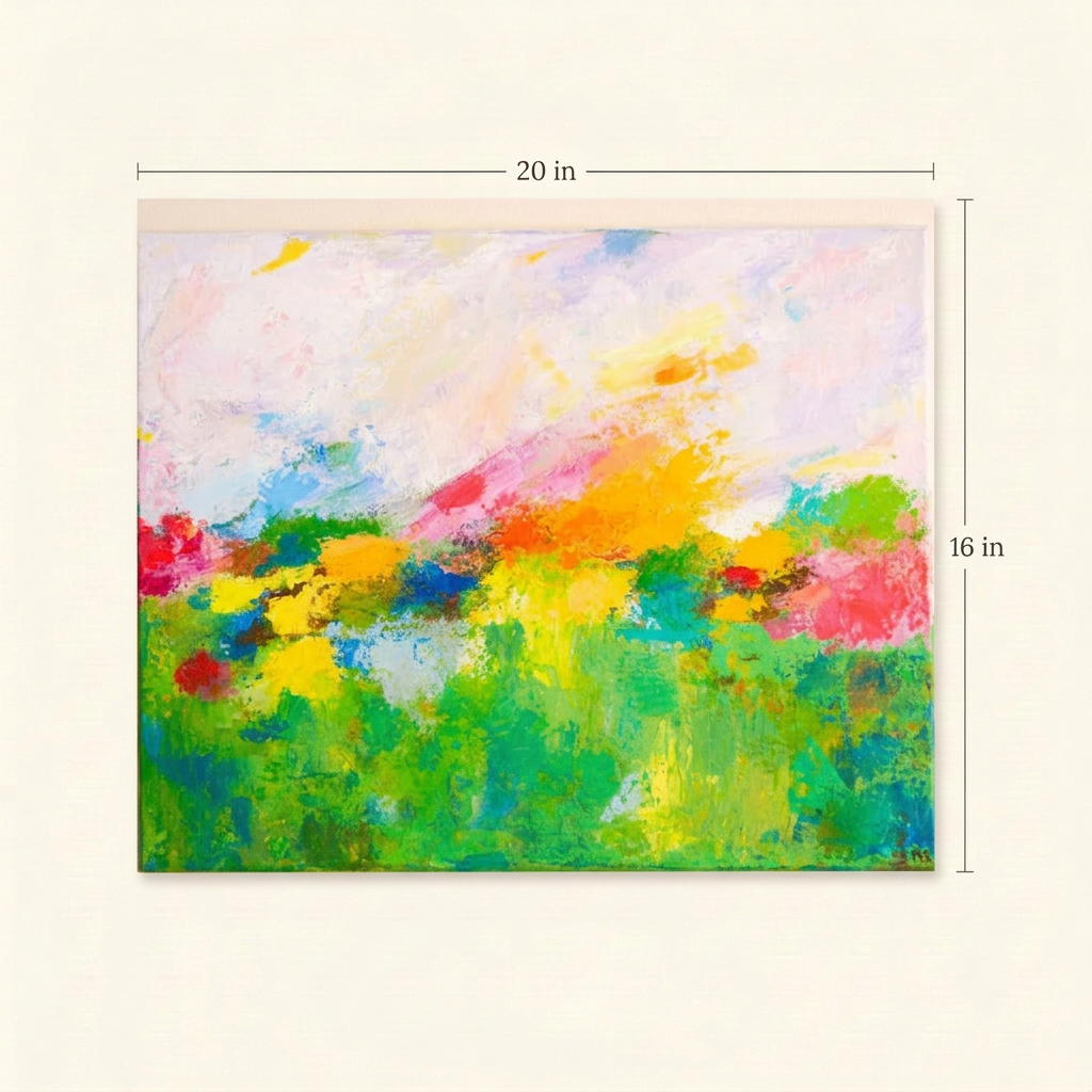 Garden Party landscape painting size guide showing a width of 20 inches and height of 16 inches on an ivory background.