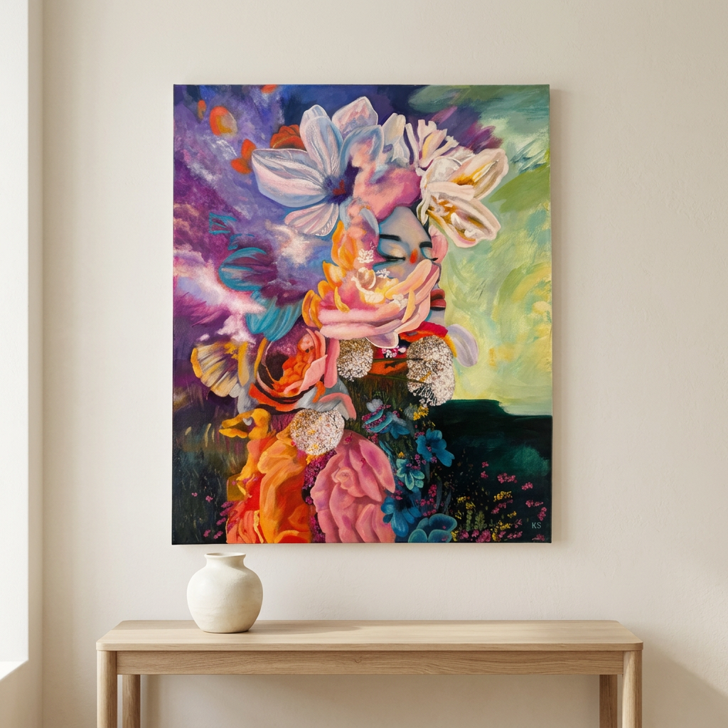 Dreamscape original canvas painting hanging unframed on a warm ivory wall above a light oak console table with a single ivory ceramic vase, full artwork visible