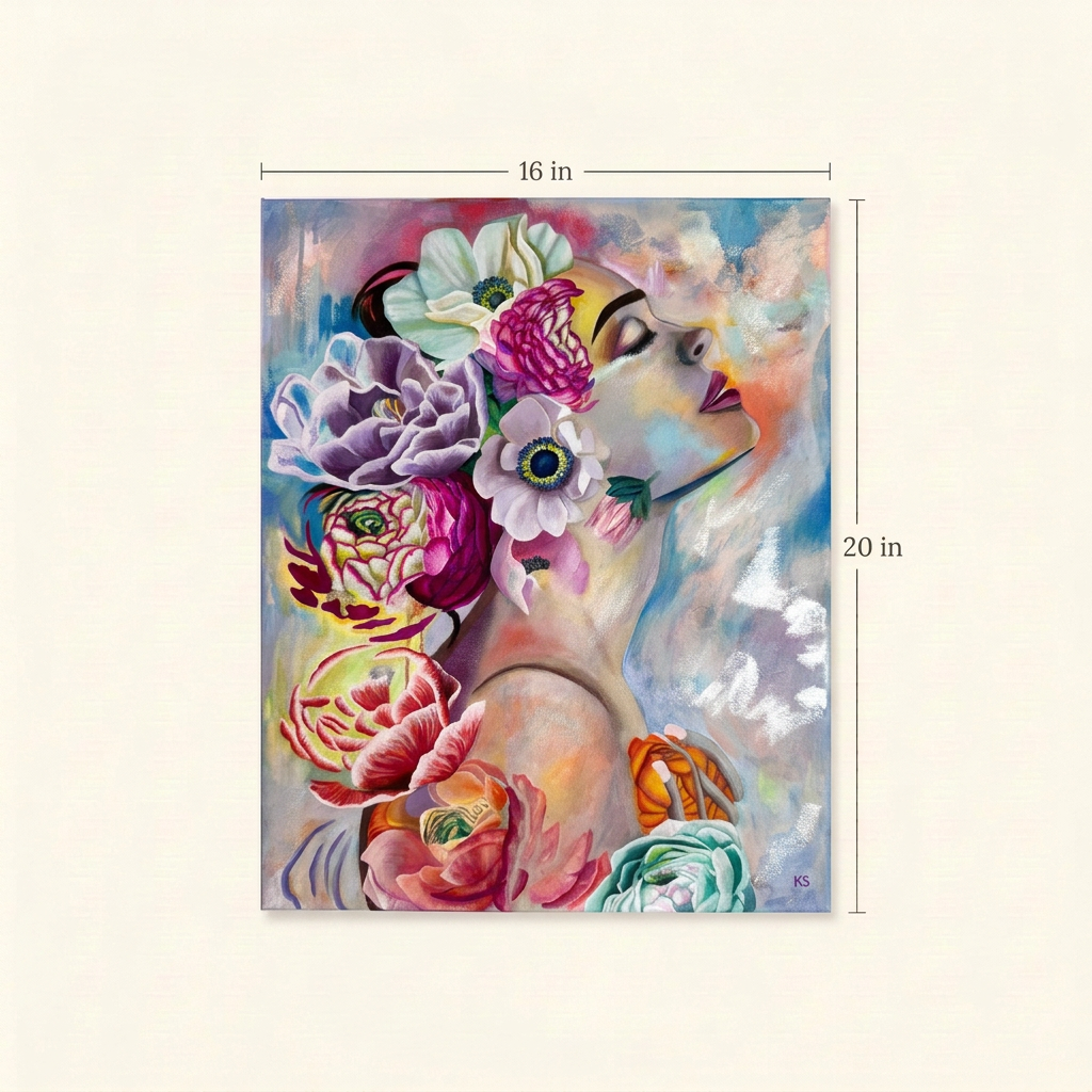 Always Blooming canvas size guide showing the full floral portrait, 16 inches wide by 20 inches tall.