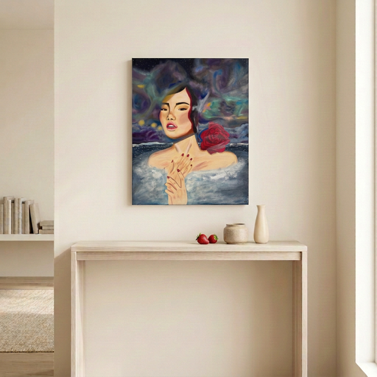 Midnight Lover original painting hanging above a pale wood console table in a neutral room