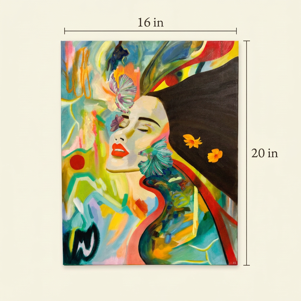 Sunergy original painting size guide showing the complete colourful portrait canvas, 16 inches wide by 20 inches high.