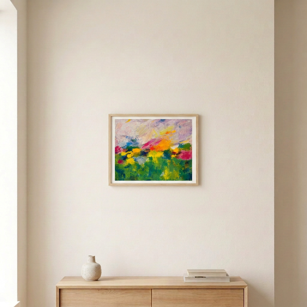 Garden Party Print, an abstract garden in green, yellow, orange and pink, displayed in a light wood frame above an oak console in a neutral room.