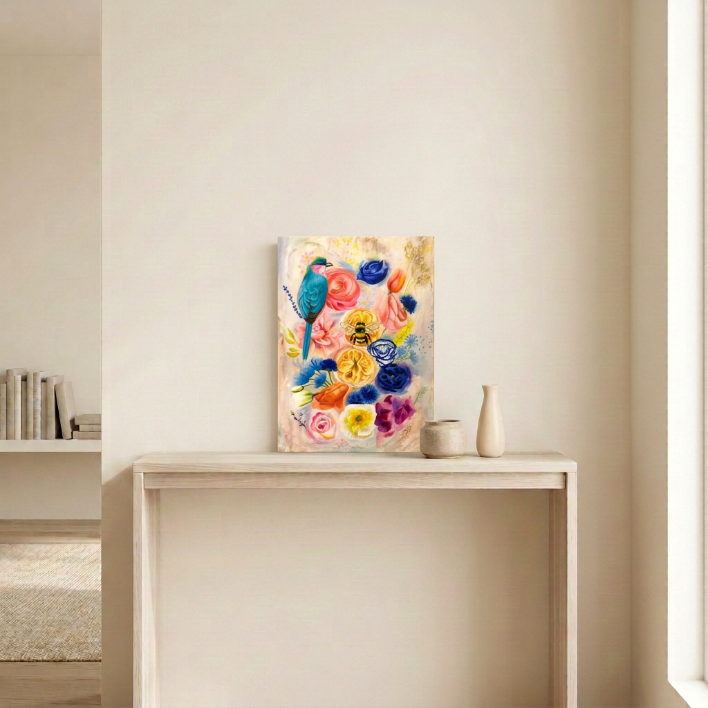 July's Bouquet original painting, a 12 x 16 inch canvas of vibrant summer flowers with a turquoise bird and bumblebee, hanging unframed above a pale wood console in a warm neutral room