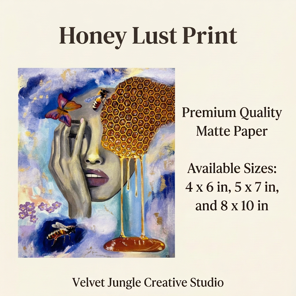 Honey Lust Print details card featuring a woman's face, honeycomb, dripping honey, bees and a butterfly, with premium matte paper and three available print sizes.