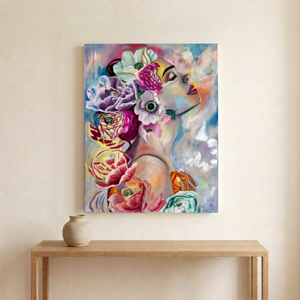 Always Blooming floral woman portrait on unframed canvas above a pale wood console in a neutral room.