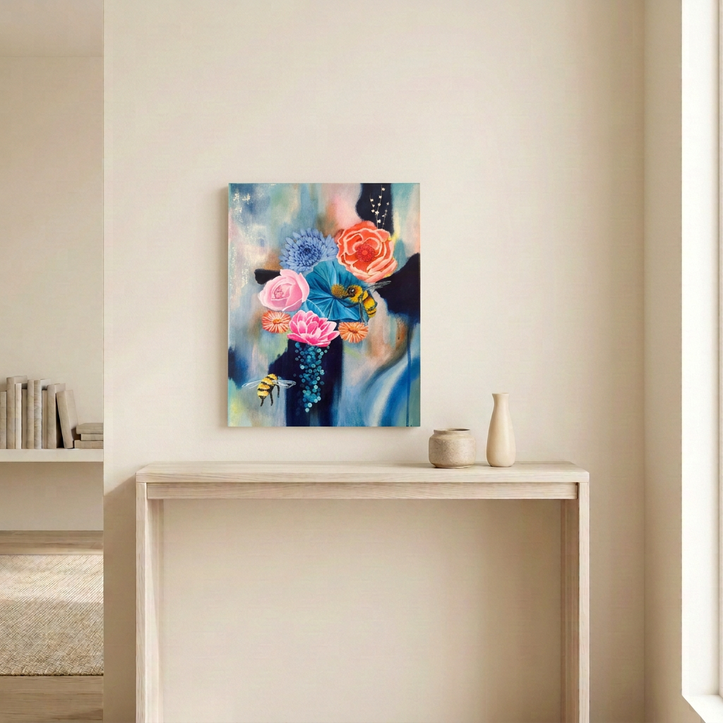 Sweet Blossom floral painting with two bees, displayed unframed above a pale wood console in a neutral room.